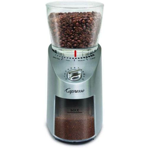  Capresso 575.05 Infinity Plus Conical Burr Grinder with Large Bean Container, Stainless Steel Includes Cleaning Tablets and Dusting Brush Bundle