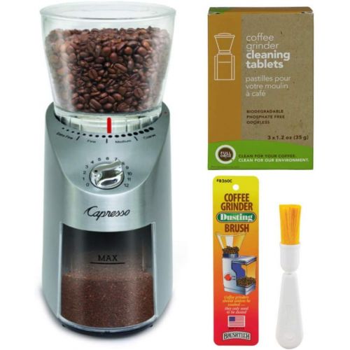  Capresso 575.05 Infinity Plus Conical Burr Grinder with Large Bean Container, Stainless Steel Includes Cleaning Tablets and Dusting Brush Bundle