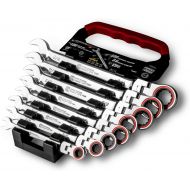 Capri Tools Flex-Head Ratcheting Wrench Set, True 100-Tooth, 3.6-Degree Swing Arc, 516 to 34 in, SAE, 8-Piece in a Convenient Wrench Rack