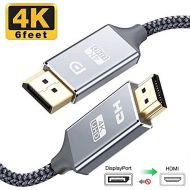 [아마존베스트]Capshi DisplayPort to HDMI Cable - 6 Ft 4K UHD Nylon Braided Gold-Plated DP-to-HDMI Unidirectional Cord DP to HDMI Male Chords Display Port to HDTV Monitor Video Connector DP to HD