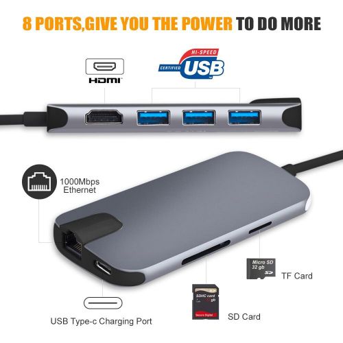  Capshi USB-C HUB Multiport USB C Adapter, 8-in-1 Type-C Dongle USBC Thunderbolt 3 Dock Portable with Gigabit Ethernet, 60W USB C PD Charge Port, 4K HDMI, SD MicroSD TF Card Reader,