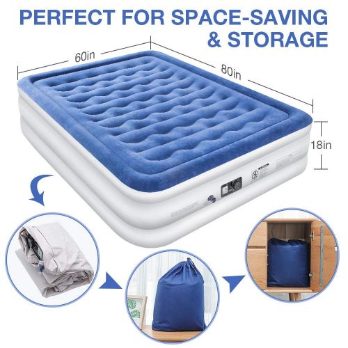  Capshi Premium Air Mattress Queen Size, Portable Inflatable High Airbed Blow up Raised Airbed with Built-in Electric Pump with 1-Year Guarantee