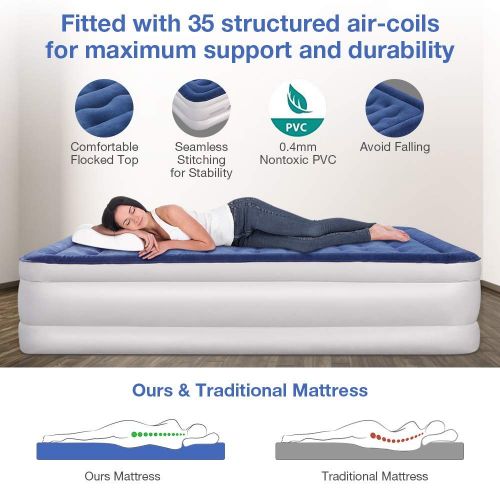  Capshi Premium Air Mattress Queen Size, Portable Inflatable High Airbed Blow up Raised Airbed with Built-in Electric Pump with 1-Year Guarantee