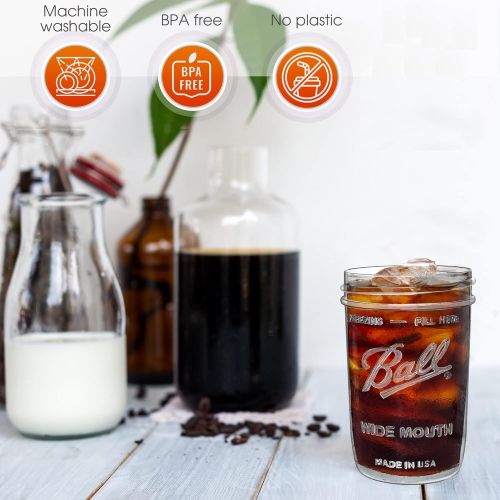  [아마존베스트]Capsule Classic Reusable Wide Mouth Smoothie Cups Boba Tea Cups Bubble Tea Cups with Lids and Silver Straws Ball Mason Jars Glass Cups (2-pack, 16 oz mason jars)