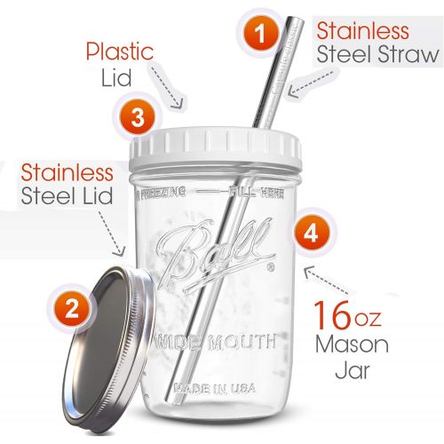  [아마존베스트]Capsule Classic Reusable Wide Mouth Smoothie Cups Boba Tea Cups Bubble Tea Cups with Lids and Silver Straws Ball Mason Jars Glass Cups (2-pack, 16 oz mason jars)