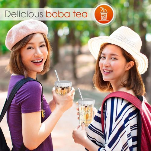  [아마존베스트]Capsule Classic Reusable Wide Mouth Smoothie Cups Boba Tea Cups Bubble Tea Cups with Lids and Silver Straws Ball Mason Jars Glass Cups (2-pack, 16 oz mason jars)