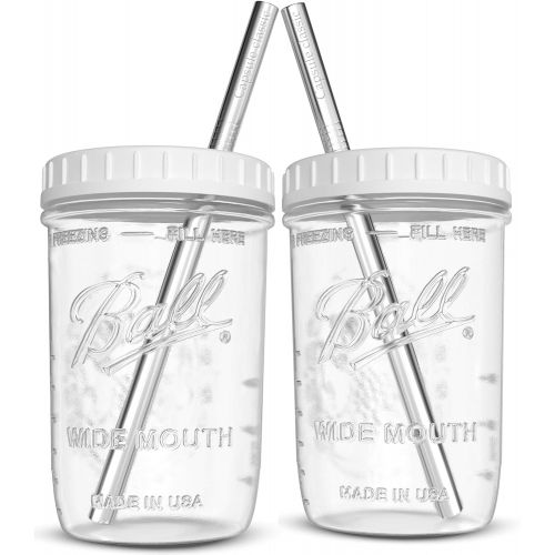  [아마존베스트]Capsule Classic Reusable Wide Mouth Smoothie Cups Boba Tea Cups Bubble Tea Cups with Lids and Silver Straws Ball Mason Jars Glass Cups (2-pack, 16 oz mason jars)