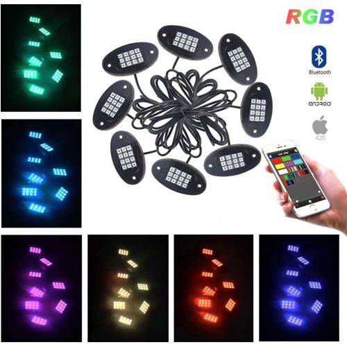  Car mats ROCCS 8Pcs RGB LED Rock Light Multicolor Neon LED Light Kit with Bluetooth Wireless Remote Control for Jeep Off Road Car Truck Underbody Vehicle Tail Glow Lamp