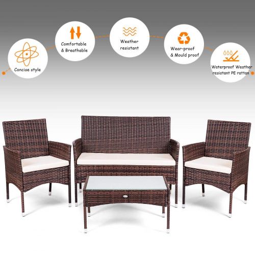  Caraya Rattan Patio Furniture Set Glass Top Table Cushioned Seat Outdoor Sofa Brown Set of 4