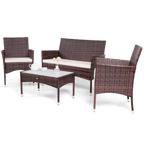  Caraya Rattan Patio Furniture Set Glass Top Table Cushioned Seat Outdoor Sofa Brown Set of 4