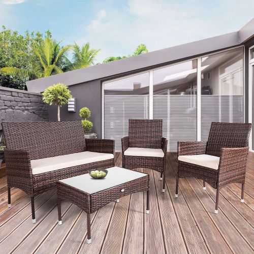  Caraya Rattan Patio Furniture Set Glass Top Table Cushioned Seat Outdoor Sofa Brown Set of 4