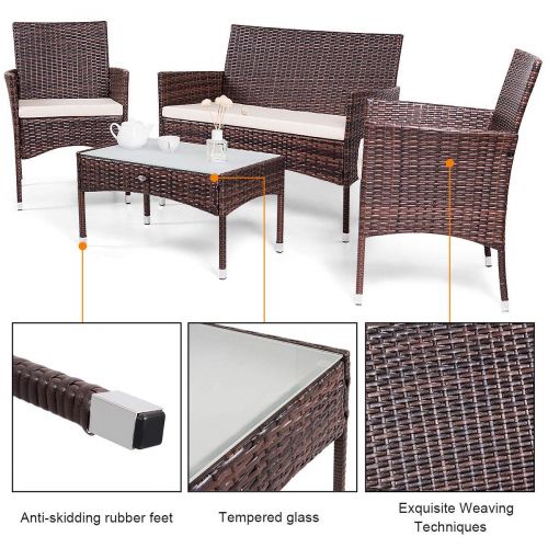  Caraya Rattan Patio Furniture Set Glass Top Table Cushioned Seat Outdoor Sofa Brown Set of 4