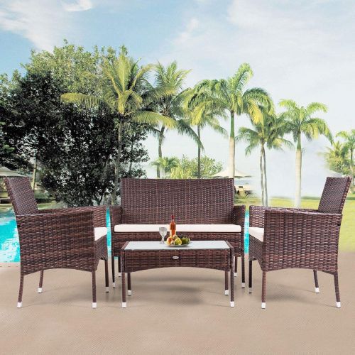  Caraya Rattan Patio Furniture Set Glass Top Table Cushioned Seat Outdoor Sofa Brown Set of 4