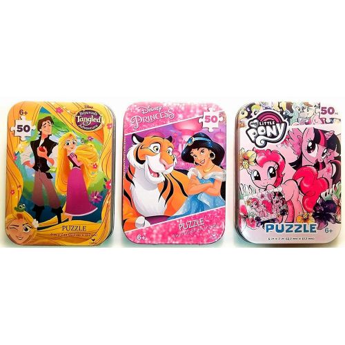  Cardinal 3 Collectible Puzzle Tins for Girls Ages 6+ - Princess & Pony Gift Set Bundle Featuring Jasmine from Aladdin, Rapunzel from Tangled, and My Little Pony Puzzles(50 Pieces Each)