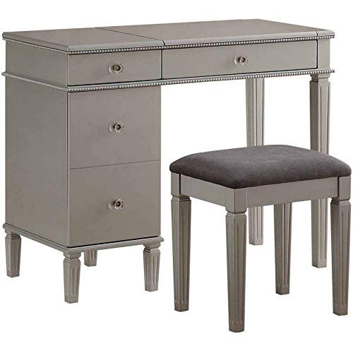  Care 4 Home LLC Storage Vanity Set, Table with Flip Top Hidden Mirror, Spacious 2 Drawer and 2 Cabinet, Upholstered Stool, Durable and Practical, Bedroom, Living Room, Grey Color +