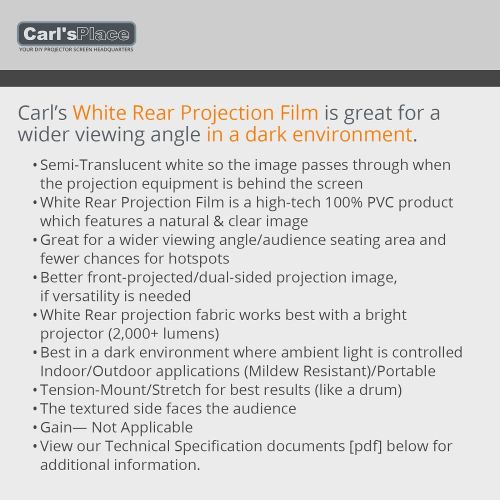  Carls Place Carl’s White Rear Projection Screen Film (16:9 | 10.5x18-Ft | 245-in) Rear Projection Screen Finished Black Vinyl Edges & Grommets, Semi-Translucent PVC, DIY Rear Projection Projec