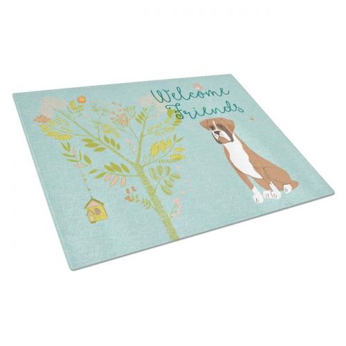  Carolines Treasures Welcome Friends Flashy Fawn Boxer Glass Cutting Board Large BB7582LCB