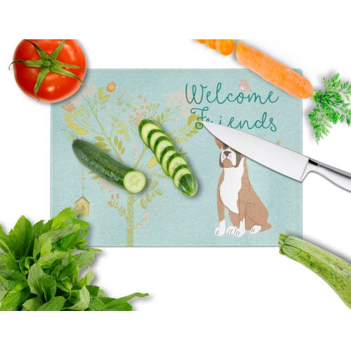  Carolines Treasures Welcome Friends Flashy Fawn Boxer Glass Cutting Board Large BB7582LCB