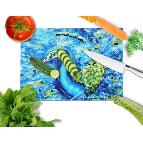  Carolines Treasures Peacock Straight Up in Blue Glass Cutting Board Large Size