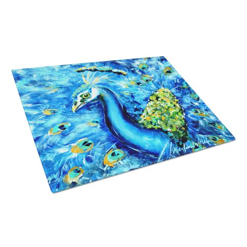  Carolines Treasures Peacock Straight Up in Blue Glass Cutting Board Large Size