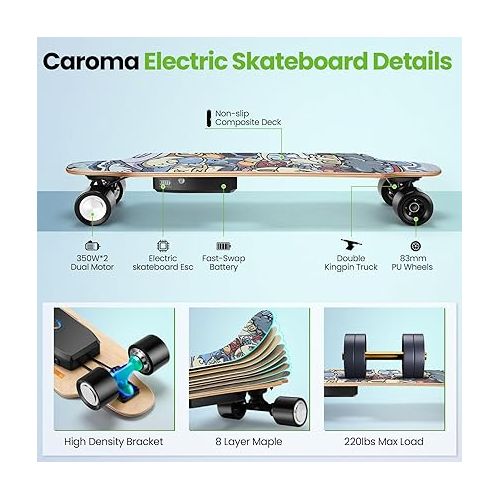  Caroma Electric Skateboards for Adults, 700W Brushless Motor, 18.6MPH Top Speed, 12 Miles Max Range, 3 Speed Modes, Electric Skateboard with Remote, Electric Longboard Suitable for Adults & Teens