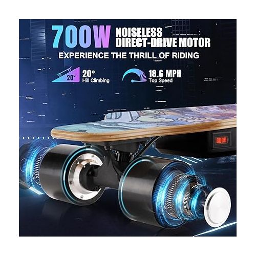  Caroma Electric Skateboard with Remote, 700W Electric Longboard,18.6 Mph Top Speed & 12 Miles Range, Suitable for Adults & Teens Beginners, Built-in Intelligent BMS, Easy Carry Handle Design