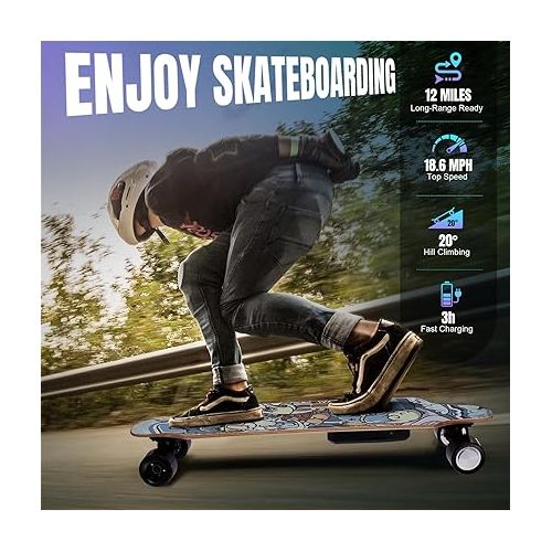  Caroma Electric Skateboard with Remote, 700W Electric Longboard,18.6 Mph Top Speed & 12 Miles Range, Suitable for Adults & Teens Beginners, Built-in Intelligent BMS, Easy Carry Handle Design