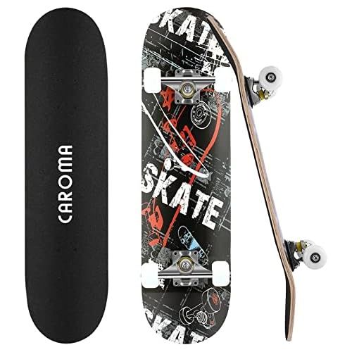  Caroma Kid Skateboard for Beginners Girls Boys , 31×8 Complete Skateboard for Teens Adults,9 Layer Canadian Maple Deck Double Kick Concave Trick Skateboards for Kids Ages 6-12