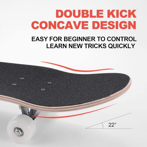  Caroma Kid Skateboard for Beginners Girls Boys , 31×8 Complete Skateboard for Teens Adults,9 Layer Canadian Maple Deck Double Kick Concave Trick Skateboards for Kids Ages 6-12