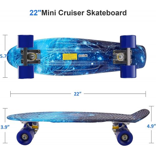  CAROMA Cruiser Complete Skateboard for Beginners,22 Inch Mini Cruiser Skateboards for Kids Girls Boys Teens Youths, Kids Skateboard with Colorful PU Wheels
