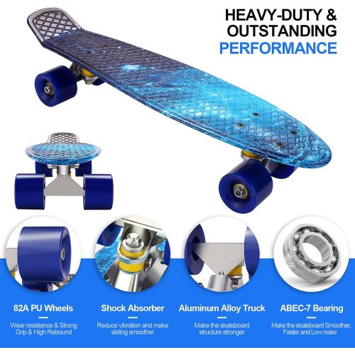  CAROMA Cruiser Complete Skateboard for Beginners,22 Inch Mini Cruiser Skateboards for Kids Girls Boys Teens Youths, Kids Skateboard with Colorful PU Wheels