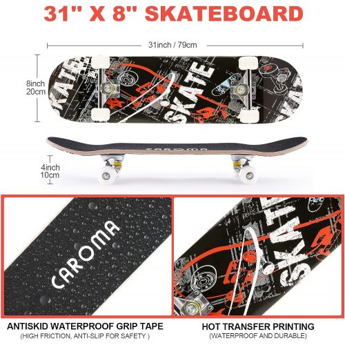  Caroma Kid Skateboard for Beginners Girls Boys , 31×8 Complete Skateboard for Teens Adults,9 Layer Canadian Maple Deck Double Kick Concave Trick Skateboards for Kids Ages 6-12