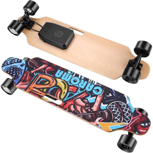  Caroma Skateboard Electric,36 Inch Electric Longboard with Wireless Remote Control,4AH Battery,10-12 Miles Range,700W Dual Motor,E Longboard with 3 Speed Adjustment,E Skateboard for Adult