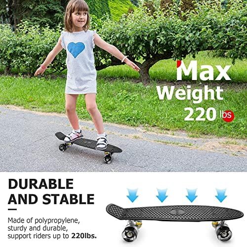  Caroma 22 Skateboards, Skateboard for Girls Boys Kids Beginners, Retro Mini Cruiser Skateboard for Teens Youths- Comes Complete - Small Plastic Skateboard - Choose LED Light up or