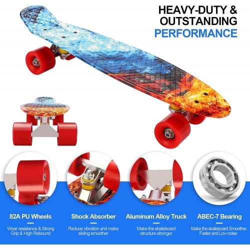  Caroma 22 Skateboards, Skateboard for Girls Boys Kids Beginners, Retro Mini Cruiser Skateboard for Teens Youths- Comes Complete - Small Plastic Skateboard - Choose LED Light up or