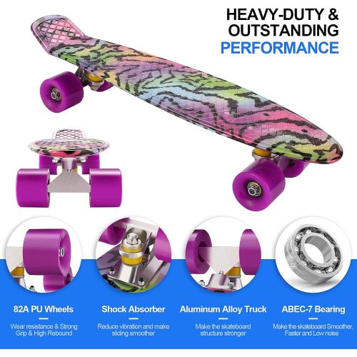  Caroma 22 Skateboards, Skateboard for Girls Boys Kids Beginners, Retro Mini Cruiser Skateboard for Teens Youths- Comes Complete - Small Plastic Skateboard - Choose LED Light up or