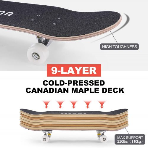  Caroma Kid Skateboard for Beginners Girls Boys , 31×8 Complete Skateboard for Teens Adults,9 Layer Canadian Maple Deck Double Kick Concave Trick Skateboards for Kids Ages 6-12