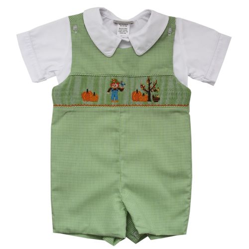  Carouselwear Boys Thanksgiving Shortall with Smocked Scarecrow and Pumpkins