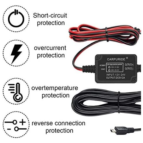  Carpuride Dash Cam Hardwire Kit Mini USB Hard Wire Car Charger Cable Set 12V to 5V for Dash Cameras GPS