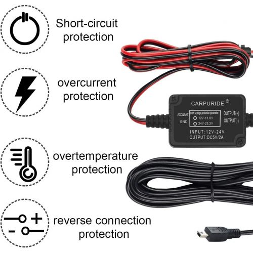  Carpuride Dash Cam Hardwire Kit Mini USB Hard Wire Car Charger Cable Set 12V to 5V for Dash Cameras GPS