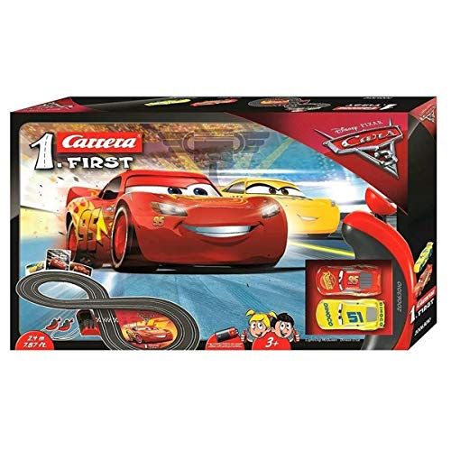  Carrera First Cars 3 Slot Car Race Track Includes 2 Cars: Lightning McQueen and Dinoco Cruz Battery Powered Beginner Racing Set for Kids Ages 3 Years and Up