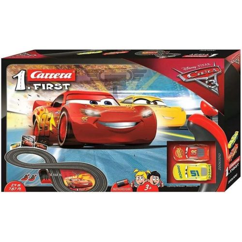  Carrera First Cars 3 Slot Car Race Track Includes 2 Cars: Lightning McQueen and Dinoco Cruz Battery Powered Beginner Racing Set for Kids Ages 3 Years and Up