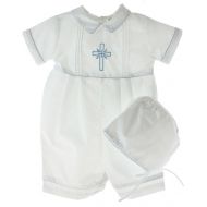 Carriage Boutique Boys White Christening Outfit Hat Set Blue Cross on Chest
