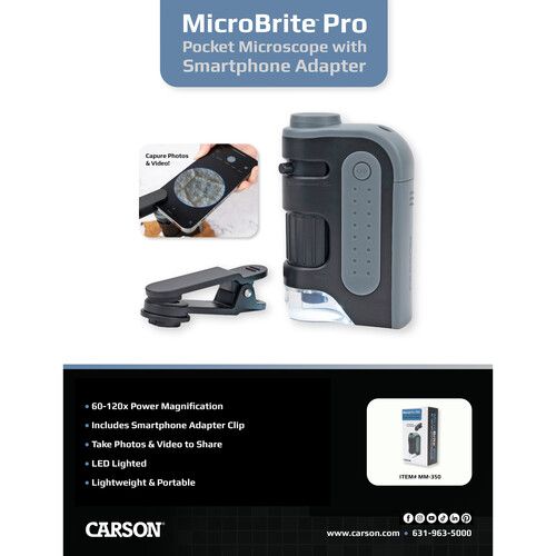  Carson MicroBrite Pro LED Lit Zoom Pocket Microscope with Smartphone Adapter Clip