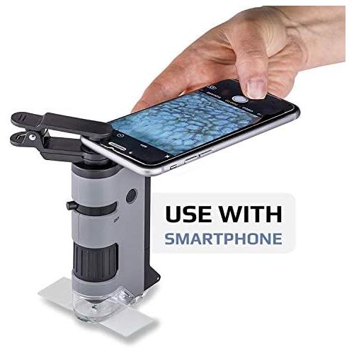  [아마존베스트]Carson Optical Carson MicroFlip Pocket Microscope 100x - 250x Magnification Range with LED Lighting Function and Practical Adapter Clip for Attaching to a Smartphone