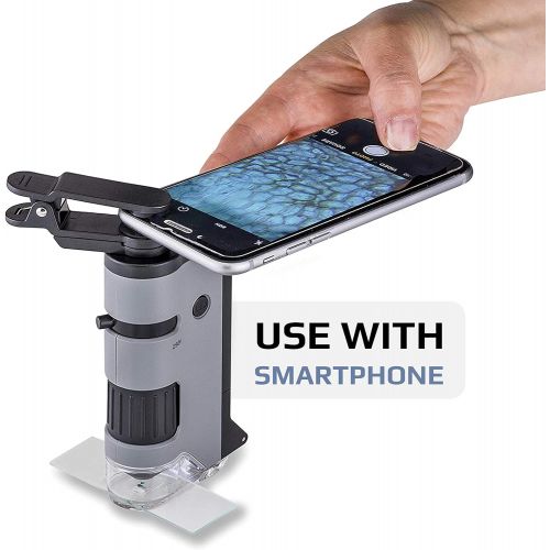  [아마존베스트]Carson Optical Carson MicroFlip Pocket Microscope 100x - 250x Magnification Range with LED Lighting Function and Practical Adapter Clip for Attaching to a Smartphone