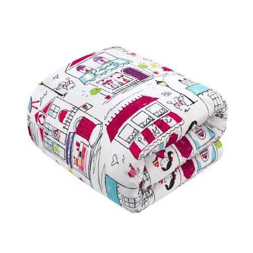  Casa MISC 5 Piece Poodle Comforter Full Sized Set Paris Bedding Girls Cute Boutique Shop Town Themed Pattern, Microfiber