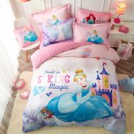 Casa 100% Cotton Kids Bedding Set Girls Princess Cinderella Duvet Cover and Pillow Cases and Fitted Sheet,4 Pieces,Queen