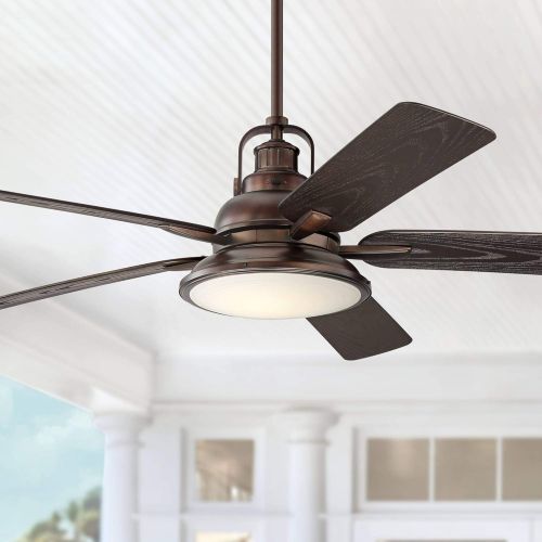  Casa Vieja 60 Wind and Sea Industrial Indoor Outdoor Ceiling Fan with Light LED Remote Control Dimmable Oil Brushed Bronze Brown Wet Rated for Patio Exterior House Porch Gazebo Garage Barn -