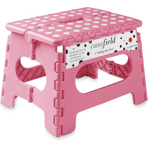  [아마존베스트]Casafield 9 Folding Step Stool with Handle, Pink - Portable Collapsible Small Plastic Foot Stool for Kids and Adults - Use in The Kitchen, Bathroom and Bedroom